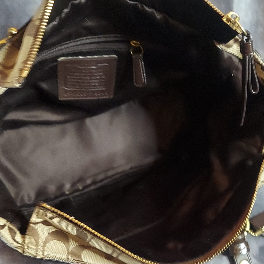 Coach Signature Demi Zip Shoulder Bag Khaki Brown Leather Jacquard Gold #19249 - Picture 5 of 12